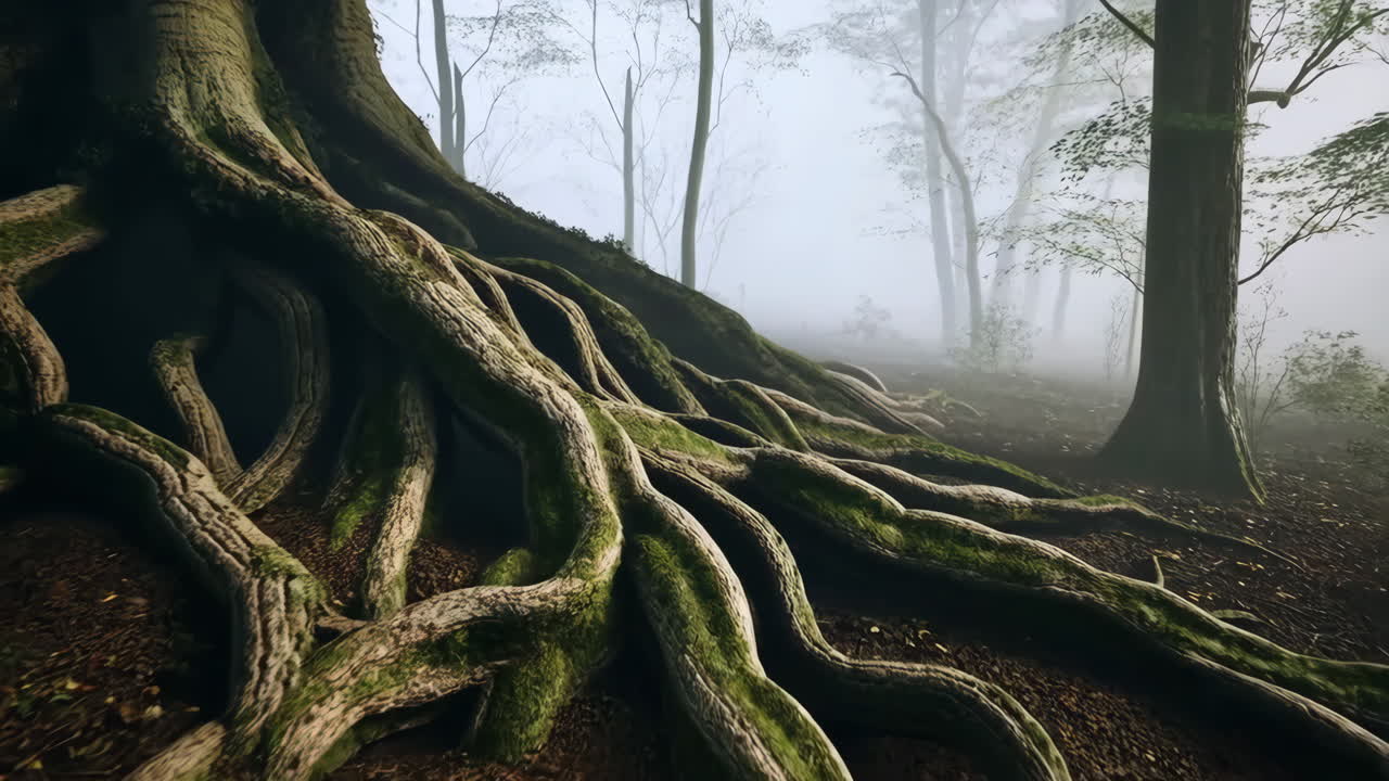 Foggy Forest with Exposed Tree Roots