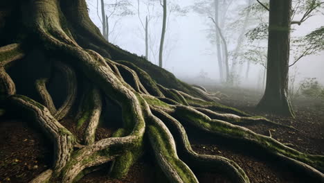 foggy forest with exposed tree roots