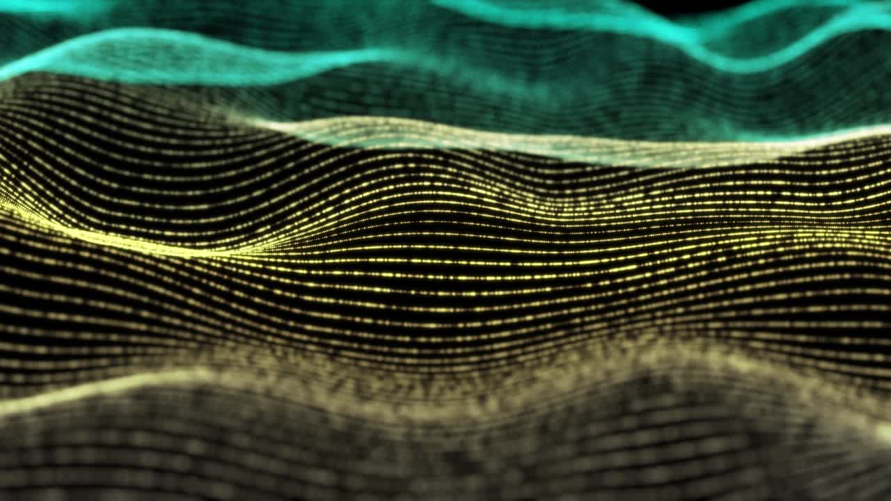 4K, Abstract Futuristic Digital Blue Wave Particles Background.Seamless Loop. Technology digital wave background concept.Beautiful motion waving dots texture with glowing defocused particles. Cyber or technology background. Yellow Green Color