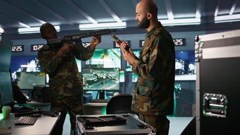 close up of army soldier in command center packing guns