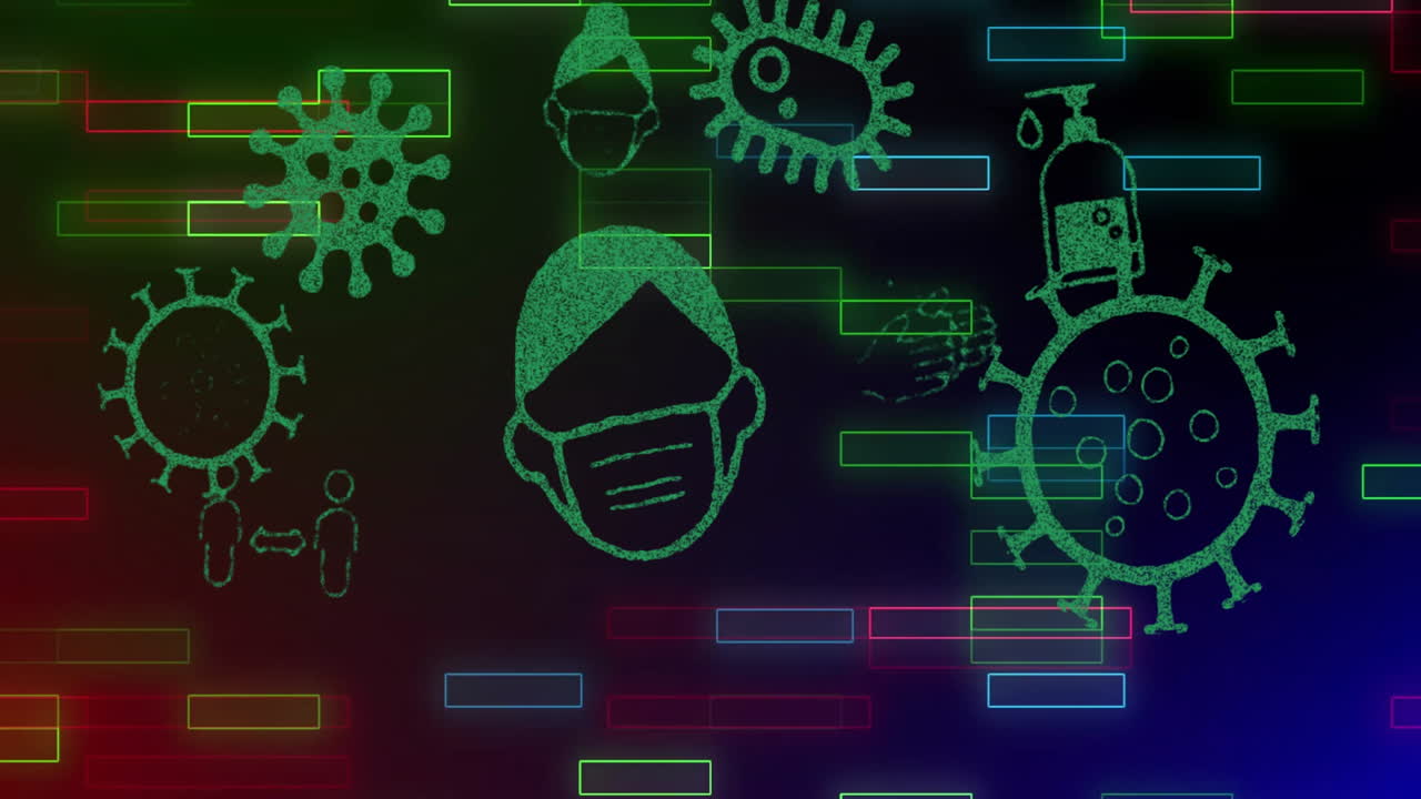 Virus symbols and hygiene items with colorful digital data animation overlay