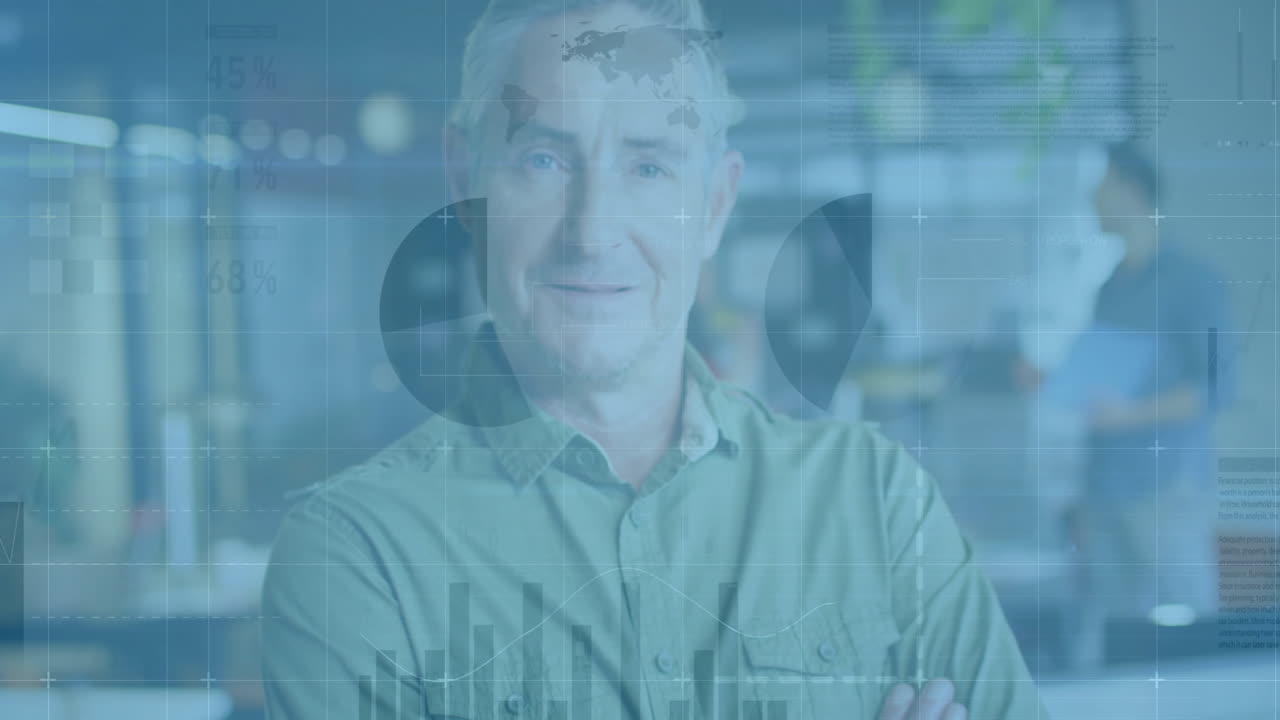Animation of financial data processing over caucasian businessman in office