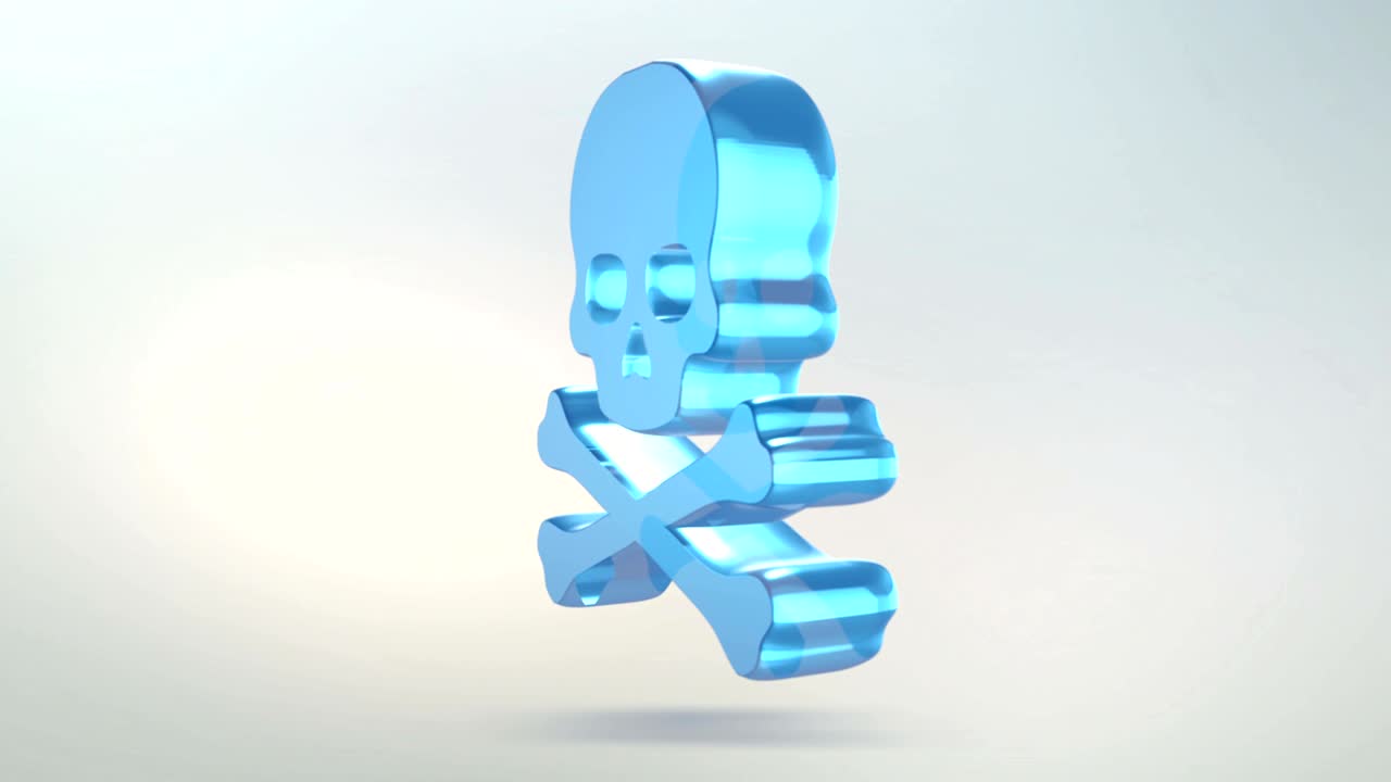 el icono del cráneo está hecho de vidrio. icono de pirata giratorio translúcido con canal alfa de color azul verde