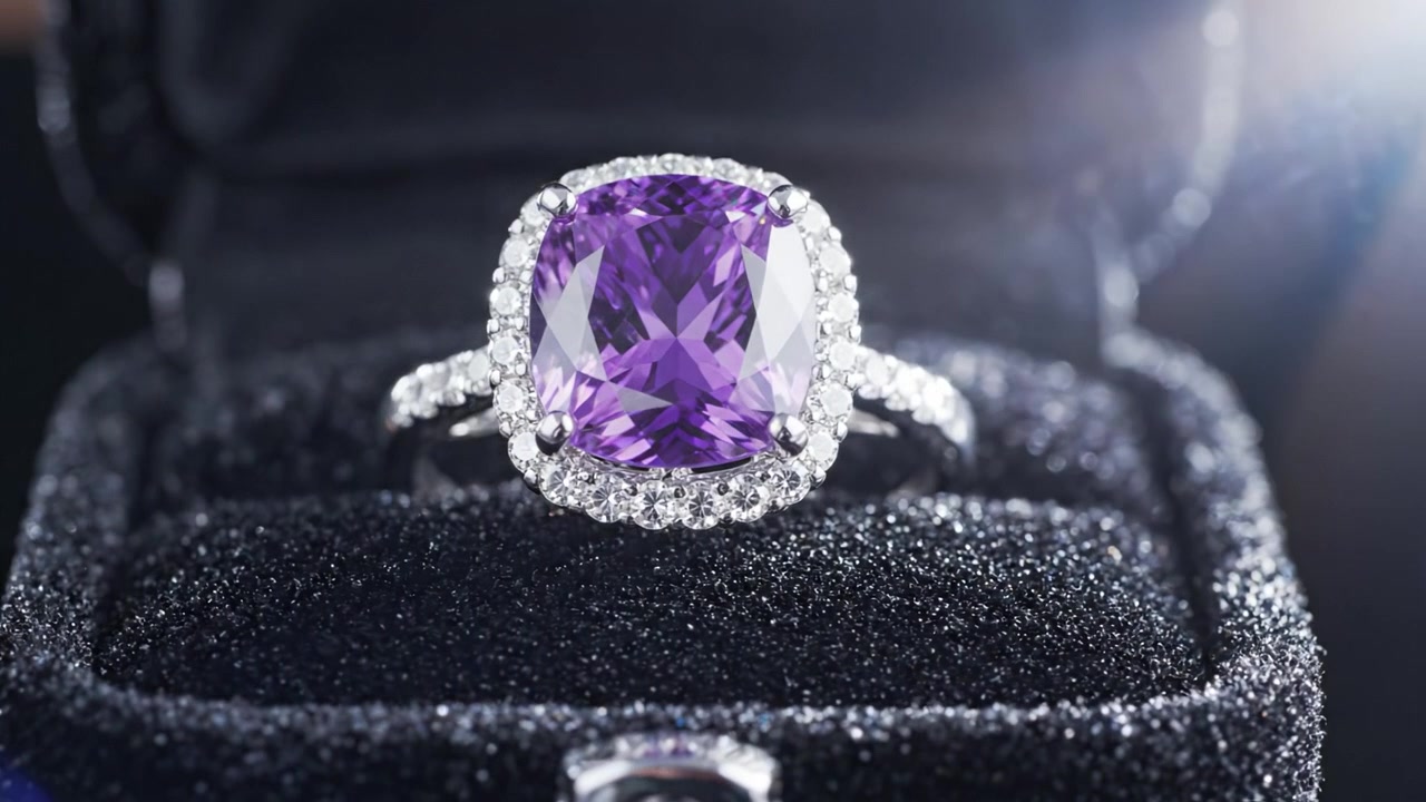 En fantastisk lilla edelstensring elegant utstilt i en luksuriøs svart presentasjonseske som fremhever dens strålende skjønnhet og utsøkte detaljer.
