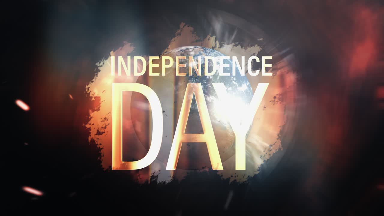 Independence Day cinematic intro title video. 4K 3D render seamless loop showing Independence day golden text message with rotate world and flare light futuristic hi-tech motion style background.