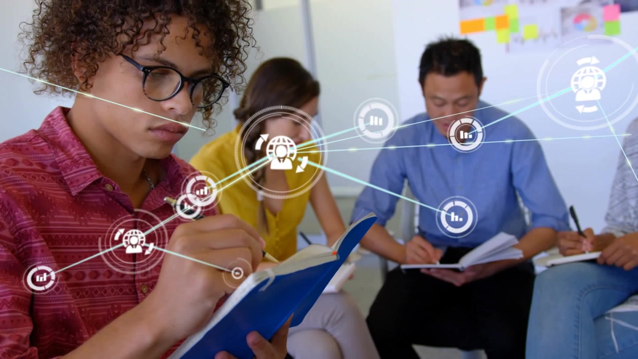 Global digital video on animation against female customer network connections.