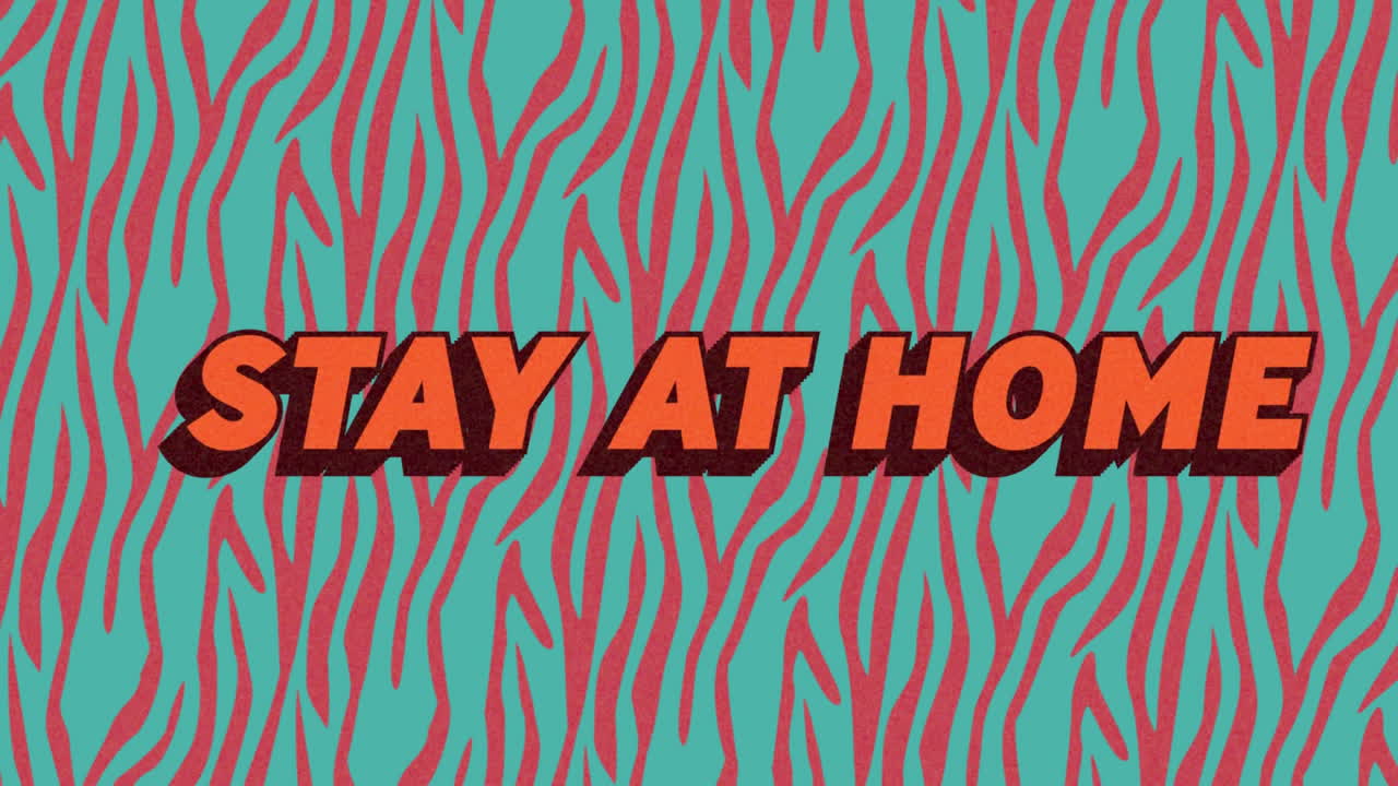 "집에 머물러라" 애니메이션은 다채로운 배경에서 코로나19 격리를 홍보합니다.