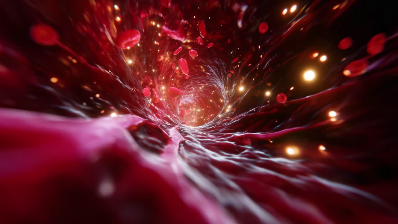 Exploring an Intricate Blood Vessel: A Hypothetical Journey Through the Depths of the Circulatory System, Illuminated by Twinkling Lights and Flowing Blood Cells