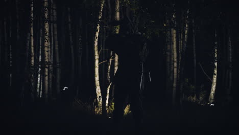 silhouette of a figure in a dark forest at night