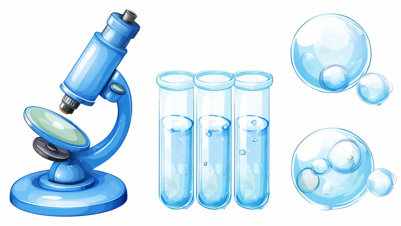 Exploring Scientific Wonders: A Cartoon Representation of a Blue Microscope and Test Tubes Highlighting the Fascinating World of Bubbles and Liquid Samples in a Laboratory Setting