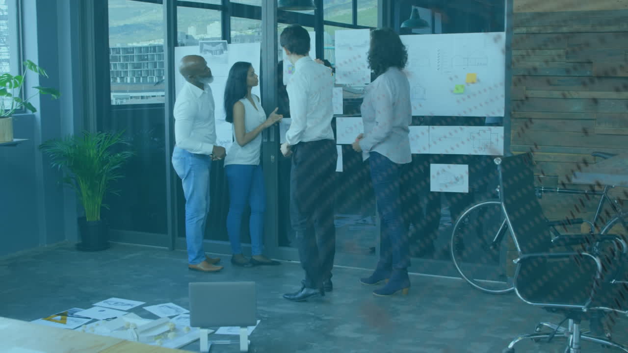 다양한 여성과 남성이 사무실에서 함께 일하는 세계와 데이터의 애니메이션