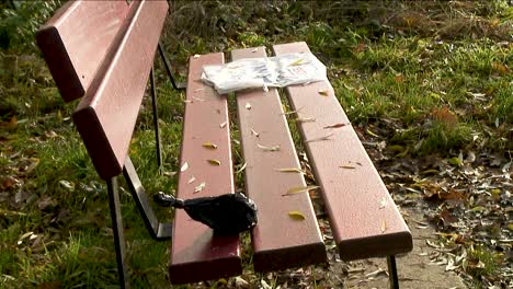 A-black-plastic-bag-containing-dog-poo-and-a-plastic-carrier-bag-irresponsibly-left-on-a-bench-at-the-side-of-Rutland-Water-near-to-Barnsdale