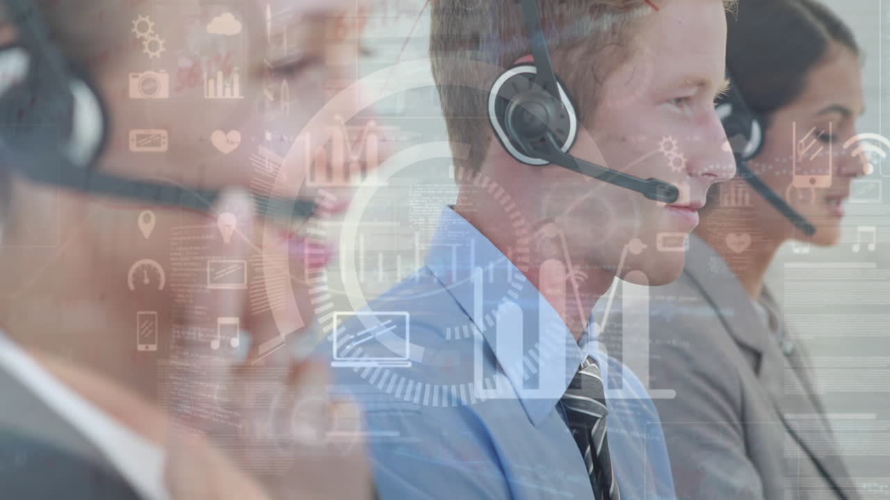 Animation af statistik og databehandling over forretningsfolk, der bruger telefonheadsets