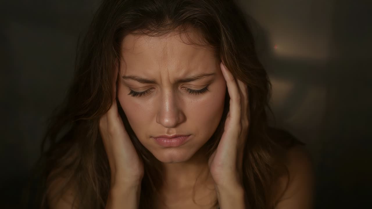 Mulher pressionando as têmporas com as mãos em um quarto escuro, com ombros e cabelo descobertos, reagindo a uma dor de cabeça repentina