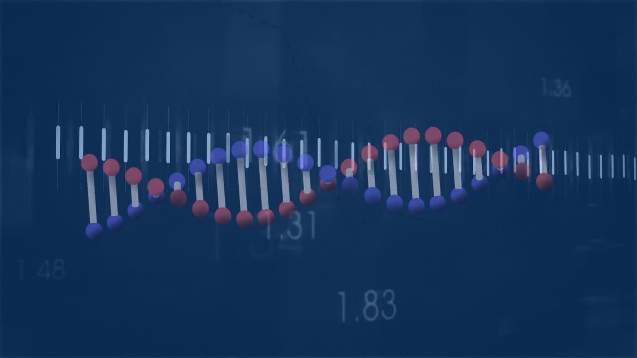 DNA strand and numerical data processing animation on blue background