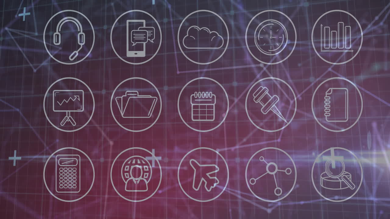 iconos comerciales, incluidos auriculares, nube y calendario a través de animación de red digital