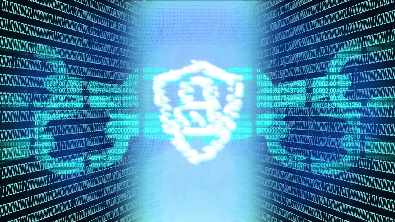 Digital padlock and shield over binary code, representing cybersecurity and data protection