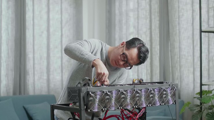 Asian Man Wearing Glasses Connects The Power Cords Of Mining Rig For Mining Cryptocurrency