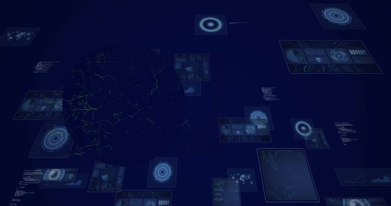 Animation of data processing and media icons over cityscape
