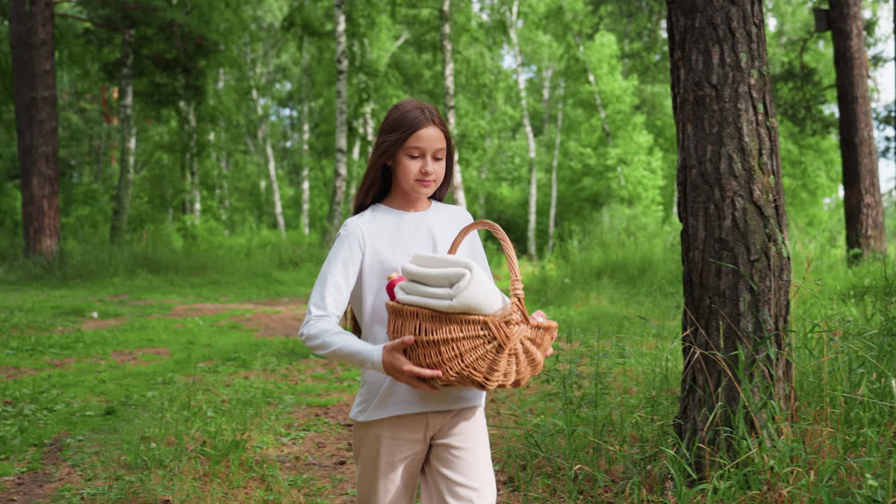 Adolescente caminhando lentamente por uma trilha na floresta, segurando uma cesta de piquenique de vime com uma manta branca, cercada por árvores verdes altas e luz solar, cena ao ar livre tranquila representando a natureza calma