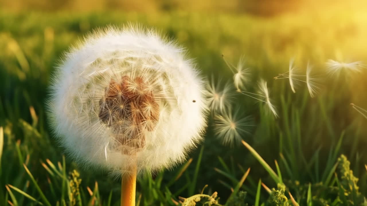 Dandelion Seeds Blowing in Golden Light in a Grassy Field