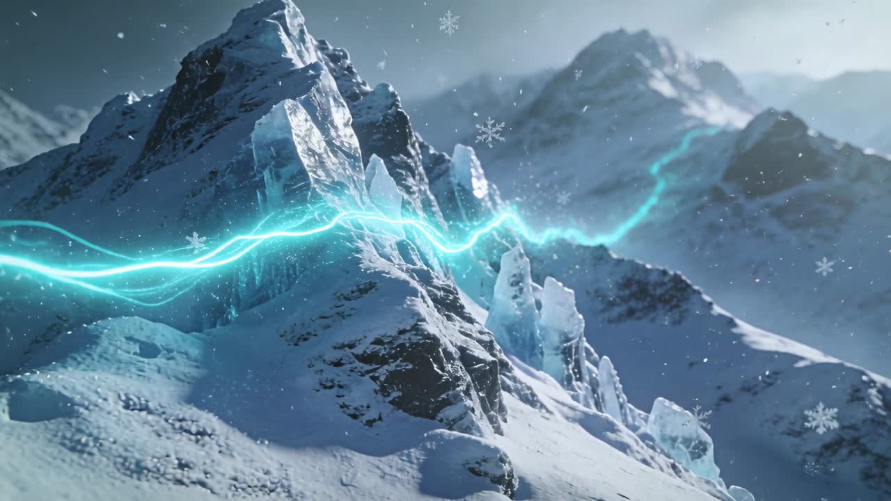Tracing turquoise energy ribbon moving along snow-covered alpine ridge, casting jagged ice spires