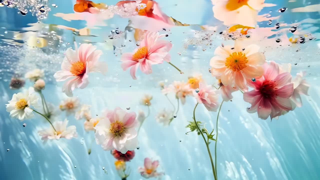 ローアングルで撮影された、水中に漂う可憐な花のビデオ