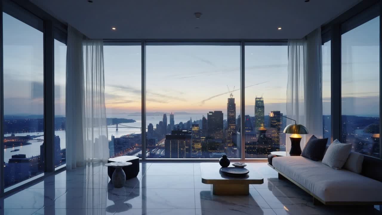 Indramning af moderne højhusstue, der afslører gulv-til-loft-glas og refleksioner af byens skyline i skumringen.