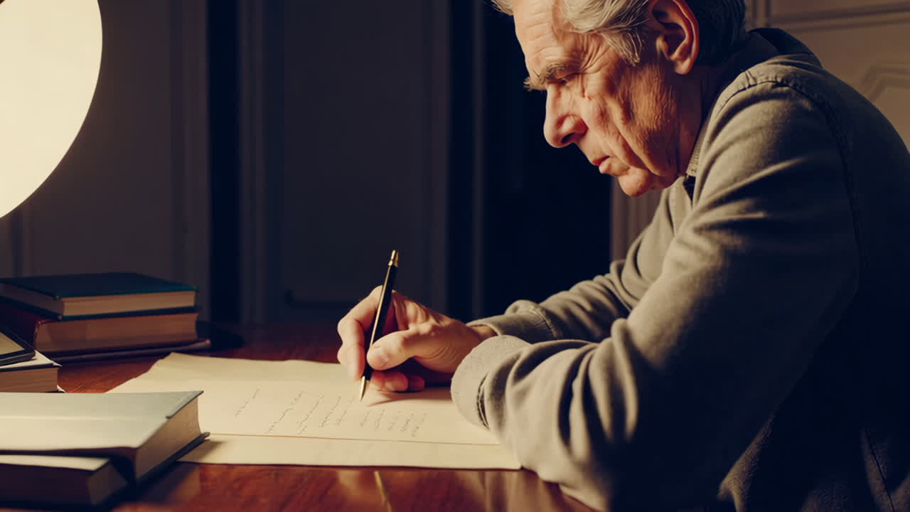 Senior Man Writing at Night