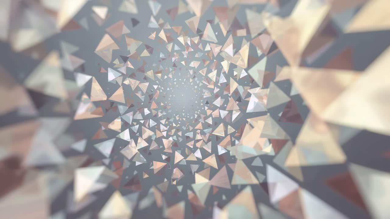 La camera si sposta in avanti, spirale di triangoli che ruotano in un tunnel CGI verso un bagliore centrale, aggiungendo profondità