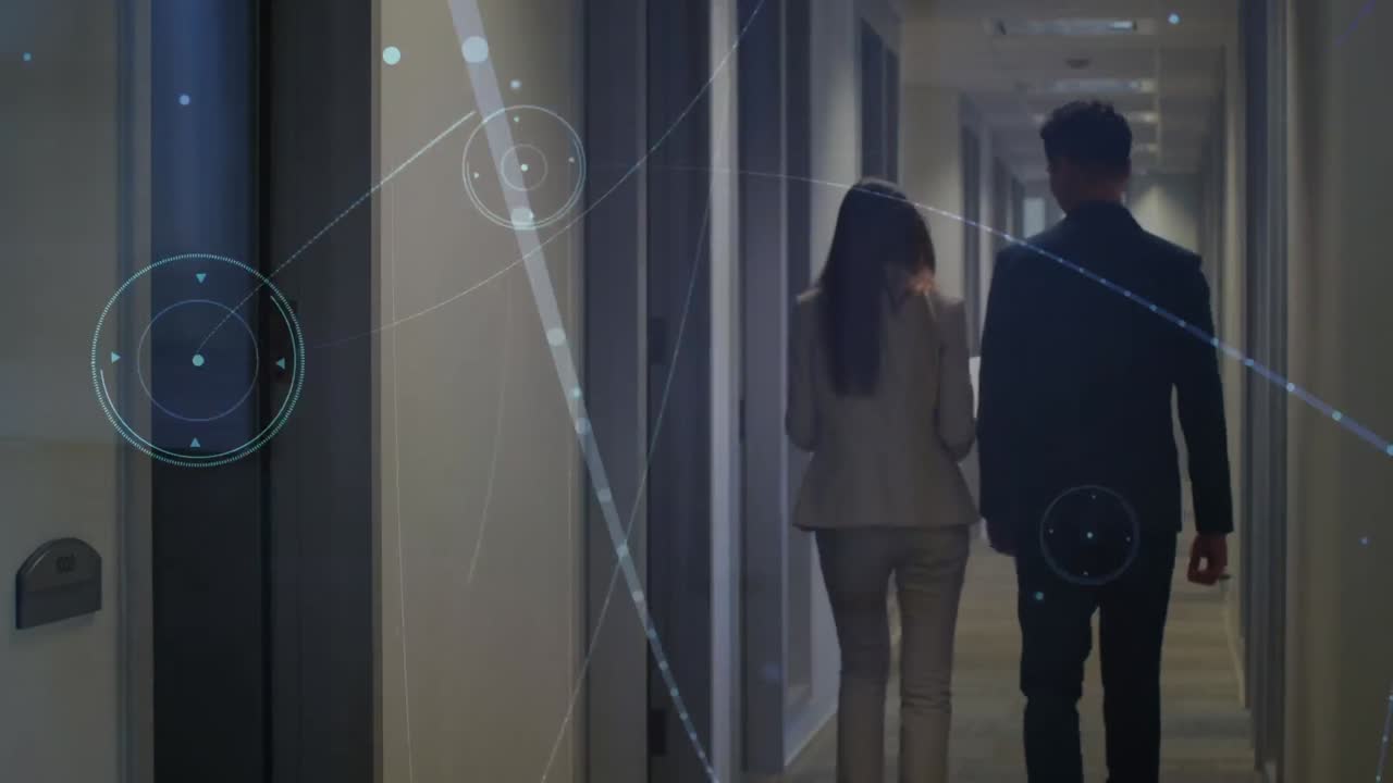 Animation of network of connections over diverse business people walking