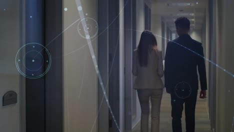 animation of network of connections over diverse business people walking