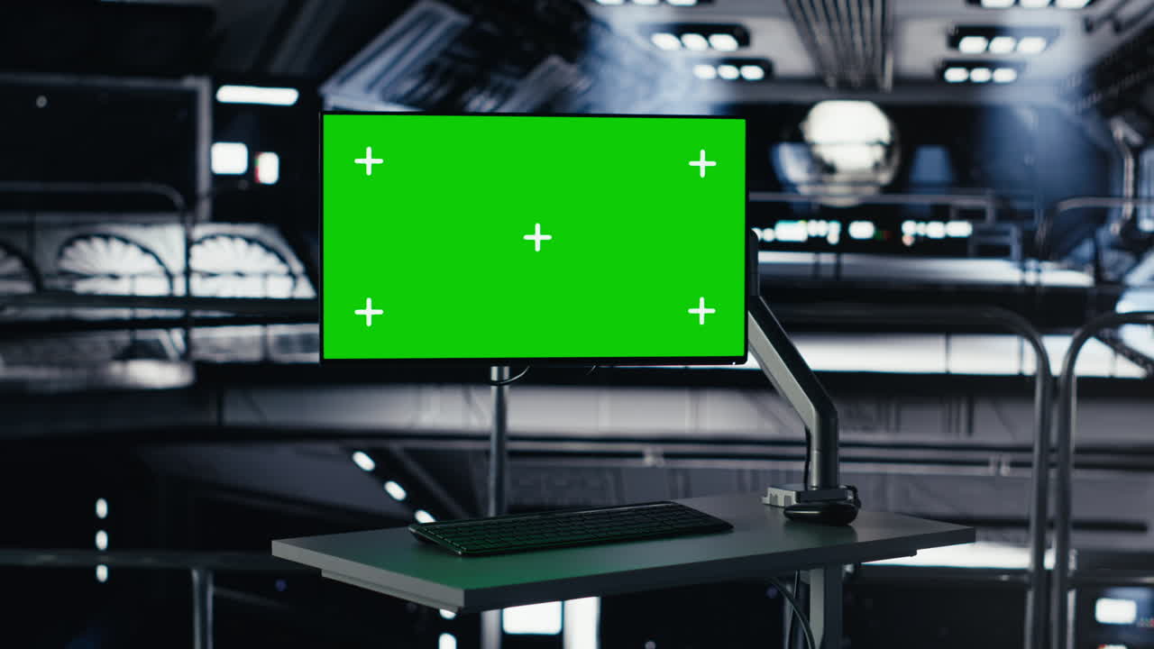 Close up of isolated screen monitor inside futuristic spacecraft bay