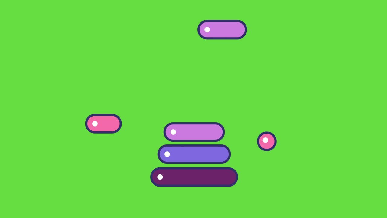video en 4k de un juguete de pirámide púrpura de dibujos animados sobre un fondo verde.