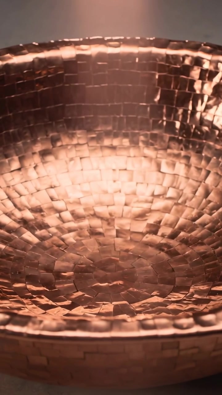 Video vertical: Luz cambiante revelando un cuenco de cobre martillado en un estudio, mostrando una textura de mosaico.