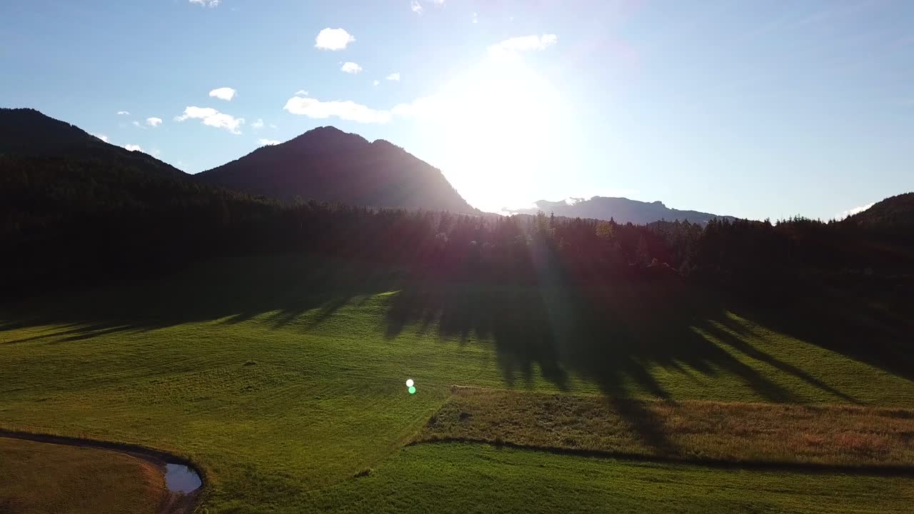 Aerial view of pasture fields surrounded by forest, with austrian mountains in the background