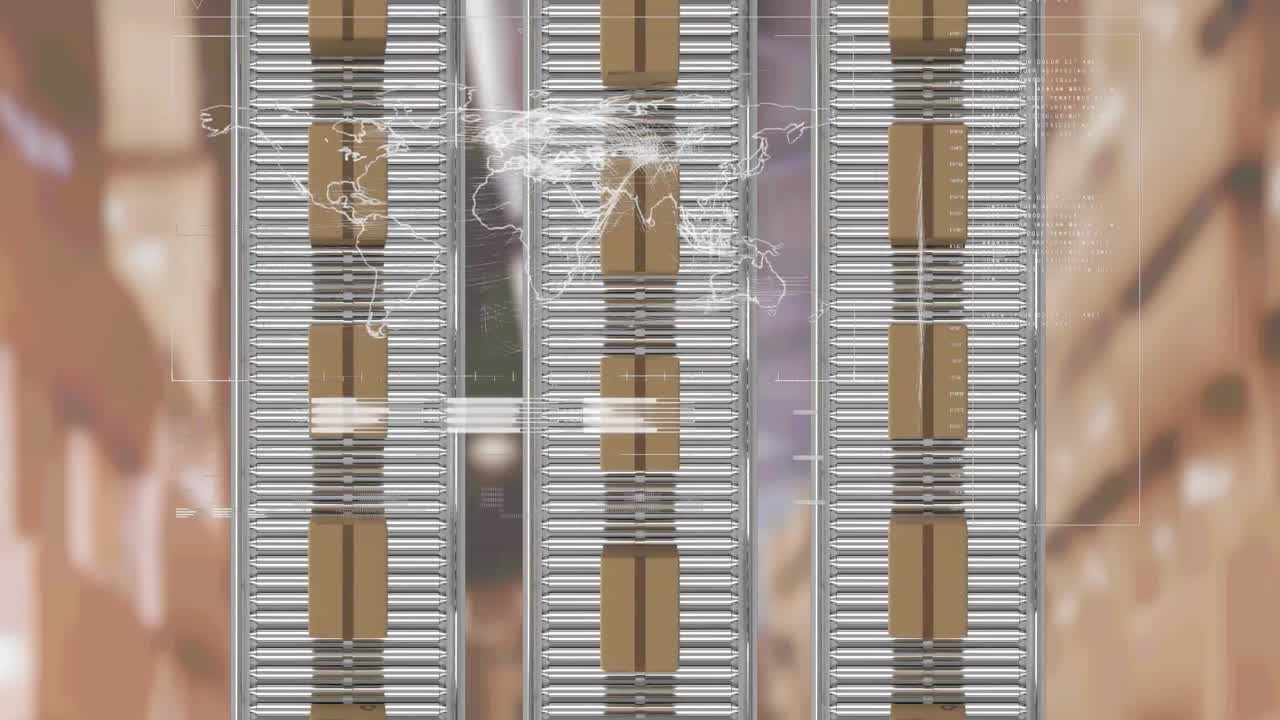 interfaz digital con procesamiento de datos frente a la vista aérea de las cajas de entrega en la cinta transportadora