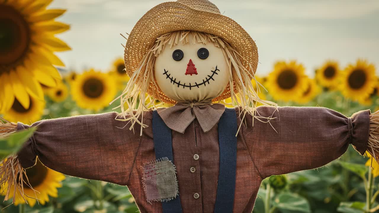 Joyful Scarecrow Stands Tall Amongst Vibrant Sunflowers, Bringing Charm to an Idyllic Rural Landscape with Bright Colors and Cheerful Vibes