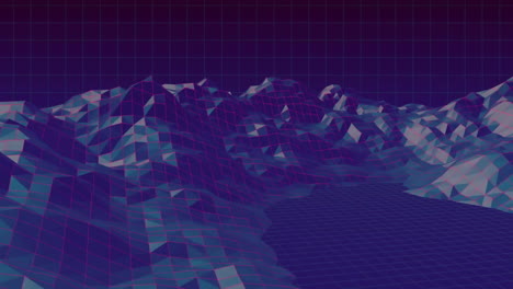 digital terrain animation of polygonal mountain landscape with grid background