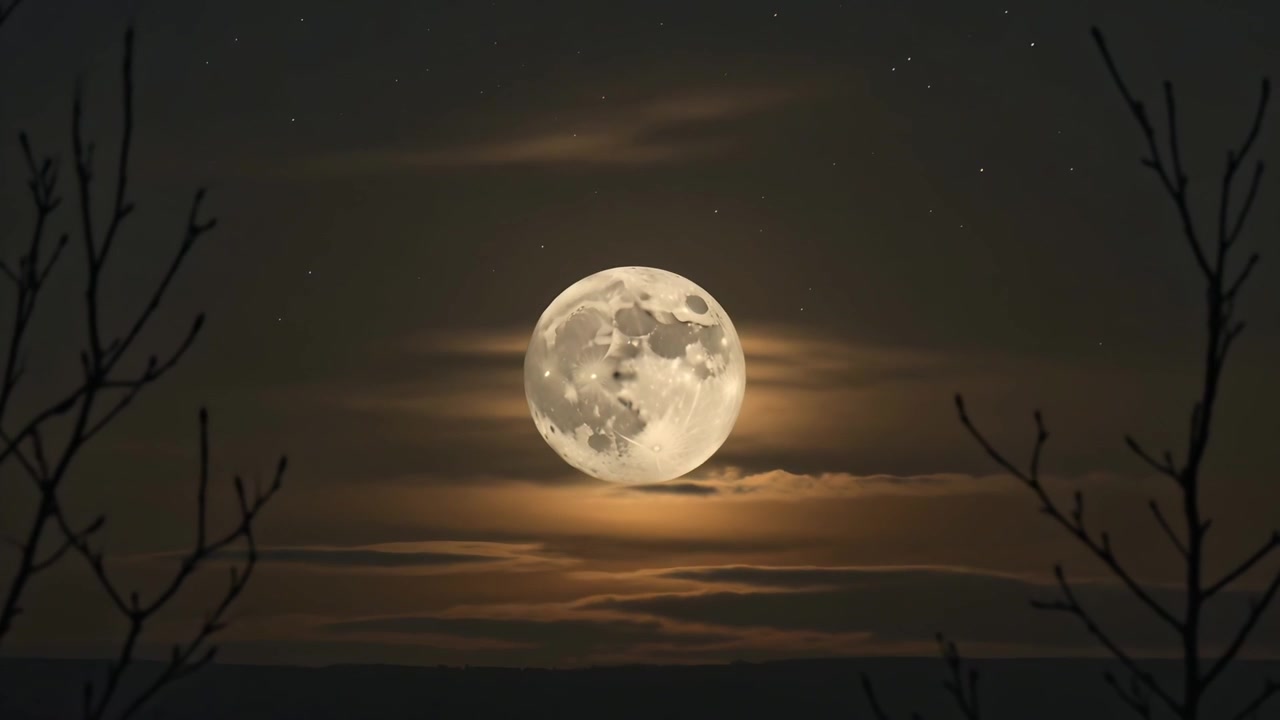 Lua cheia ascendente sobre o horizonte rural, iluminando nuvens baixas e galhos em silhueta.