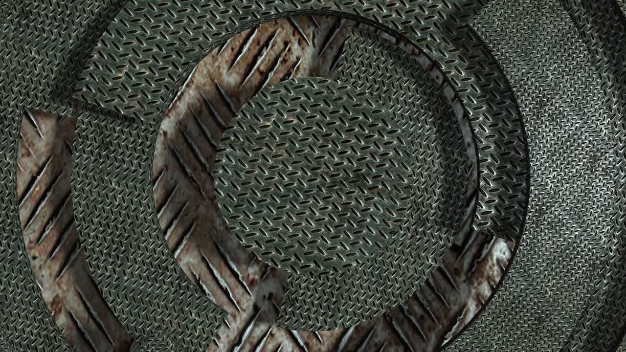 vieja textura de hierro oxidado. fondo de video de negocios modernos. animación de textura 3d con partes giratorias de un círculo. concepto de superficie en espiral. renderización 3d de un bucle sin costuras