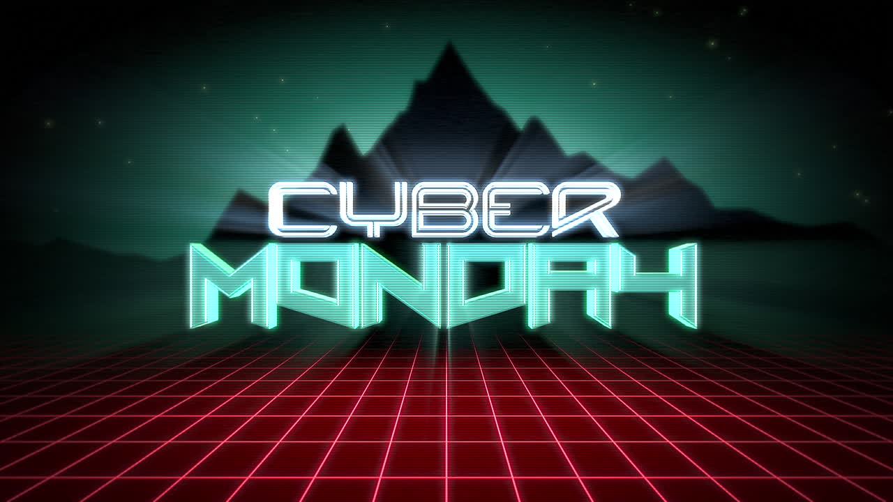 Cyber Monday con griglia e montagna in galassia futuristica