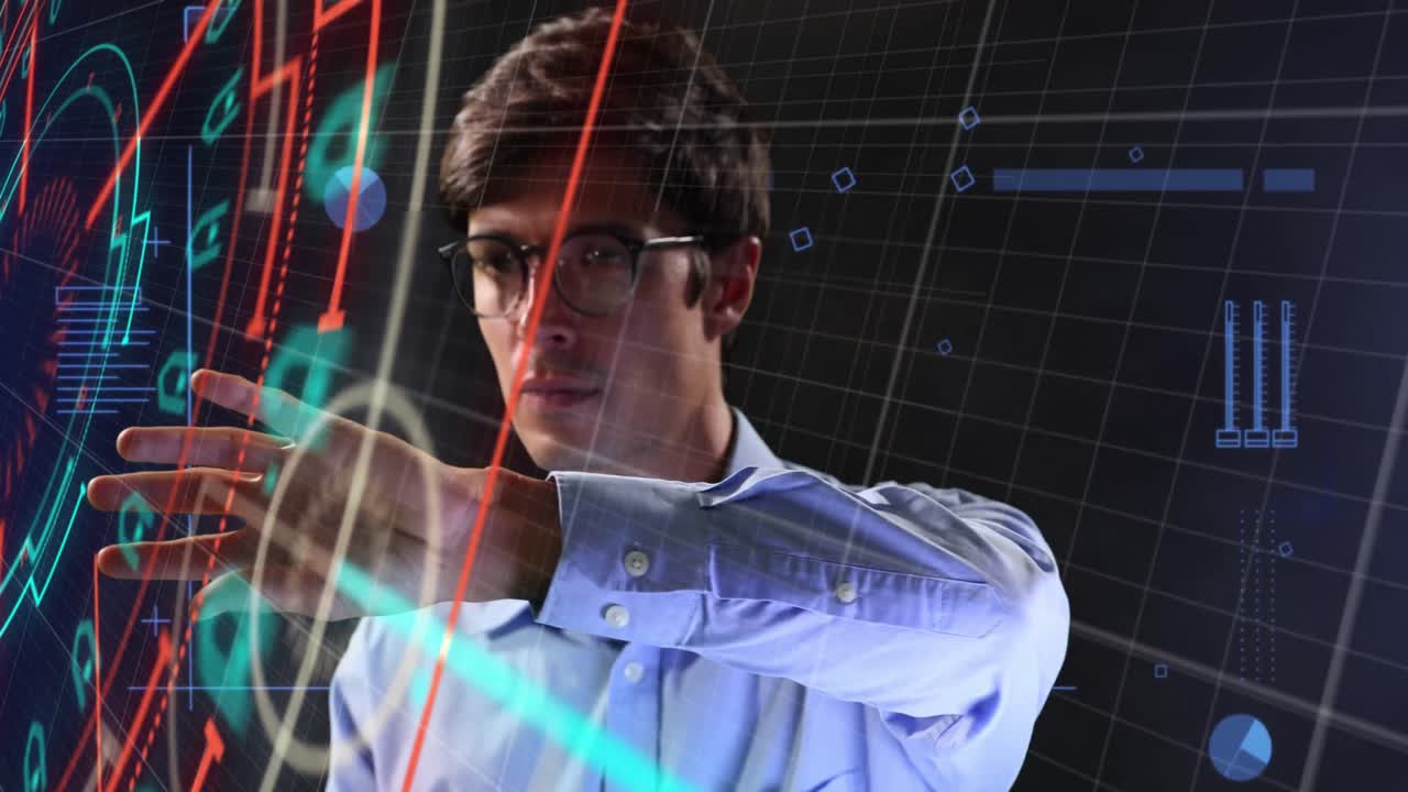 animación de formas de neón sobre el hombre caucásico usando pantalla táctil.