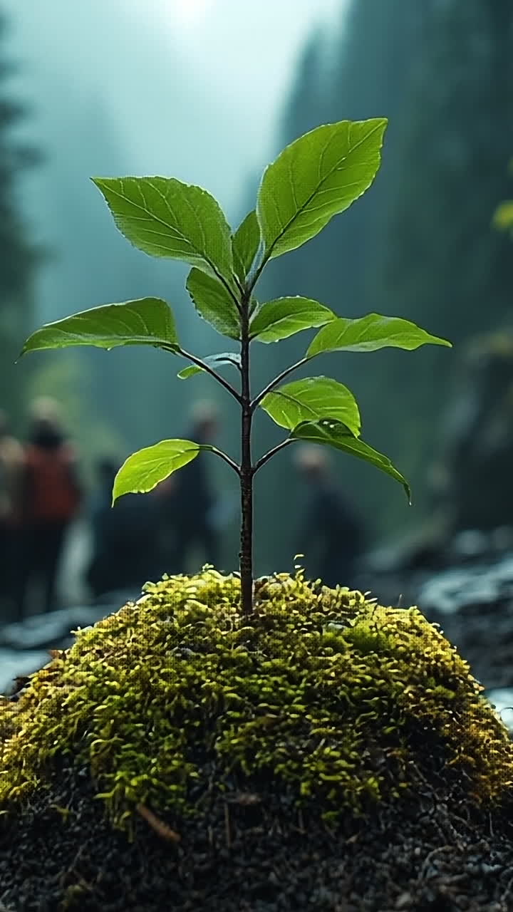 New life emerges in a misty forest