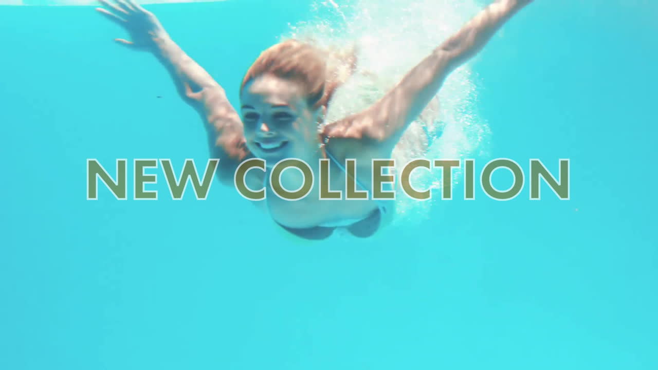 Swimming underwater, woman with animation and New Collection text overlay in school