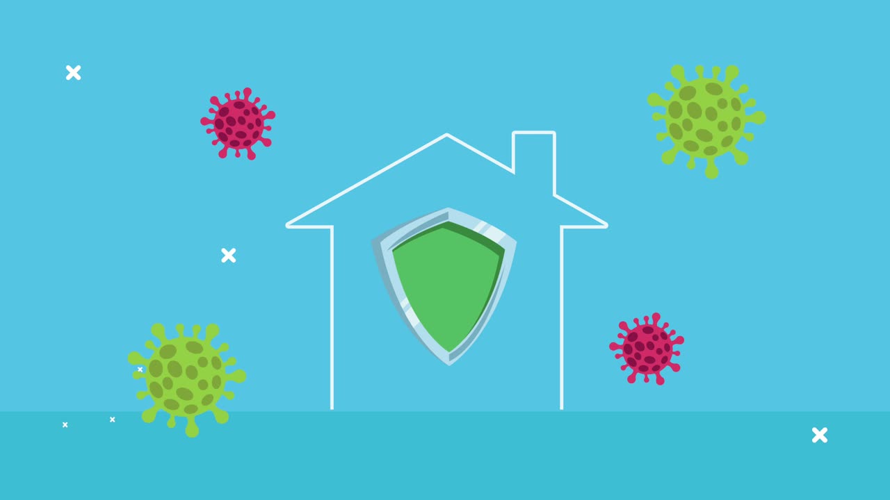 partículas pandémicas de covid-19 con escudo en la animación de la casa
