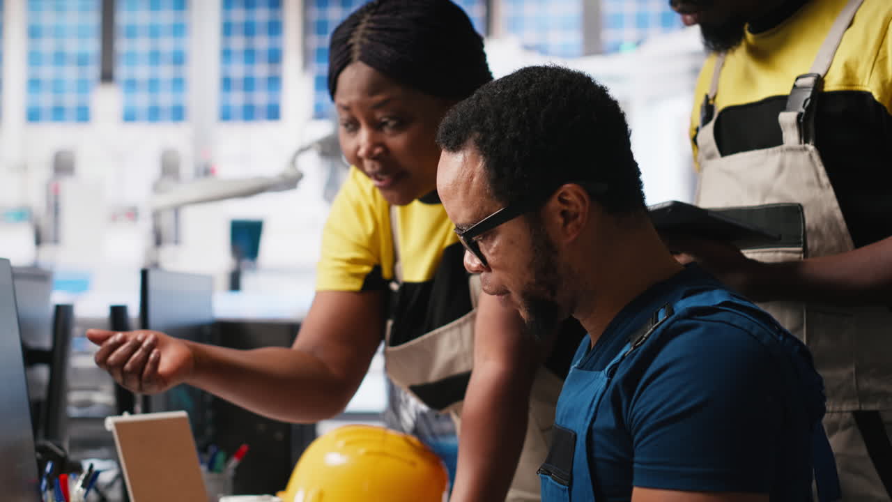Photovoltaics facility employees evaluating performance of robot arms