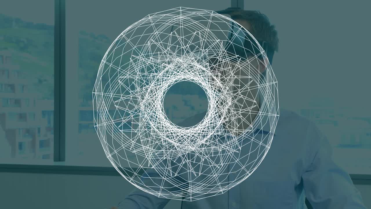 анимация вращающейся геометрии, над человеком, носящим vr гарнитуру