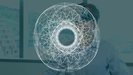 animation of rotating geometry, over man wearing vr headset
