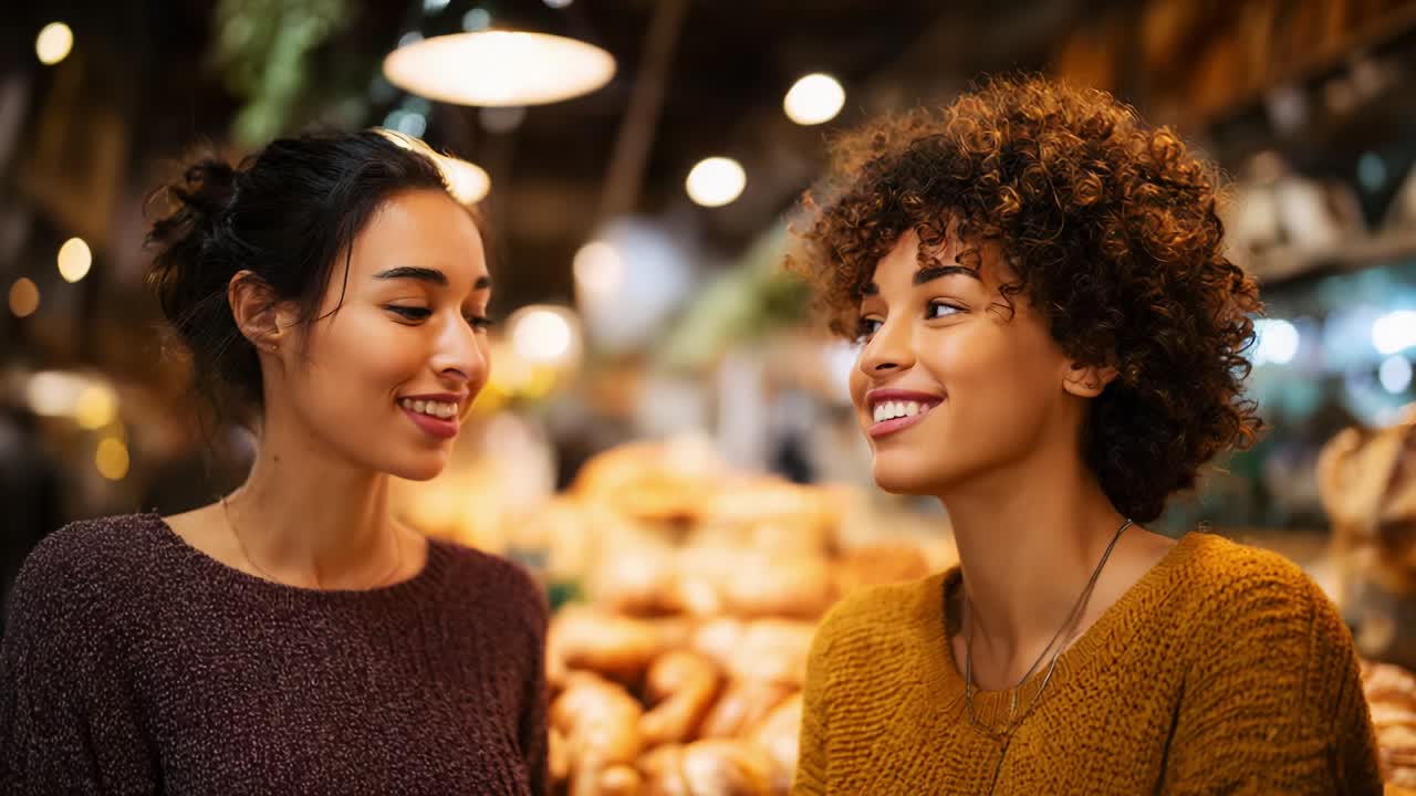 Due giovani donne che condividono un momento di gioia in una vivace panetteria, circondate da pane appena sfornato e dalla luminosa atmosfera del mercato, catturando l'essenza dell'amicizia e della felicità in un ambiente vivace